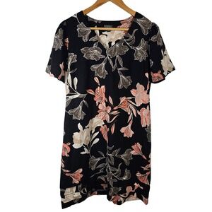 Nicole Miller Original Floral Print V Neck Black Linen Blend Dress Size S‎